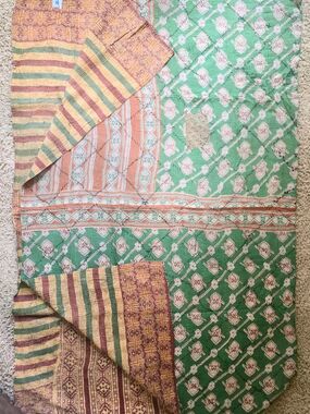Hand Stitched Kantha Quilt from Karma Living - Green, Orange, Cream.  80" x 52"